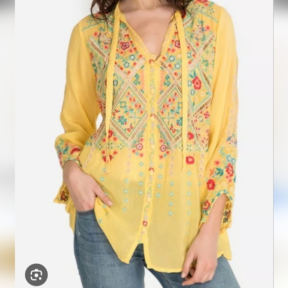 Johnny Was Yellow Embroidered Shirt Ladies Size Large Embroidered Boho Hippie - Picture 1 of 7